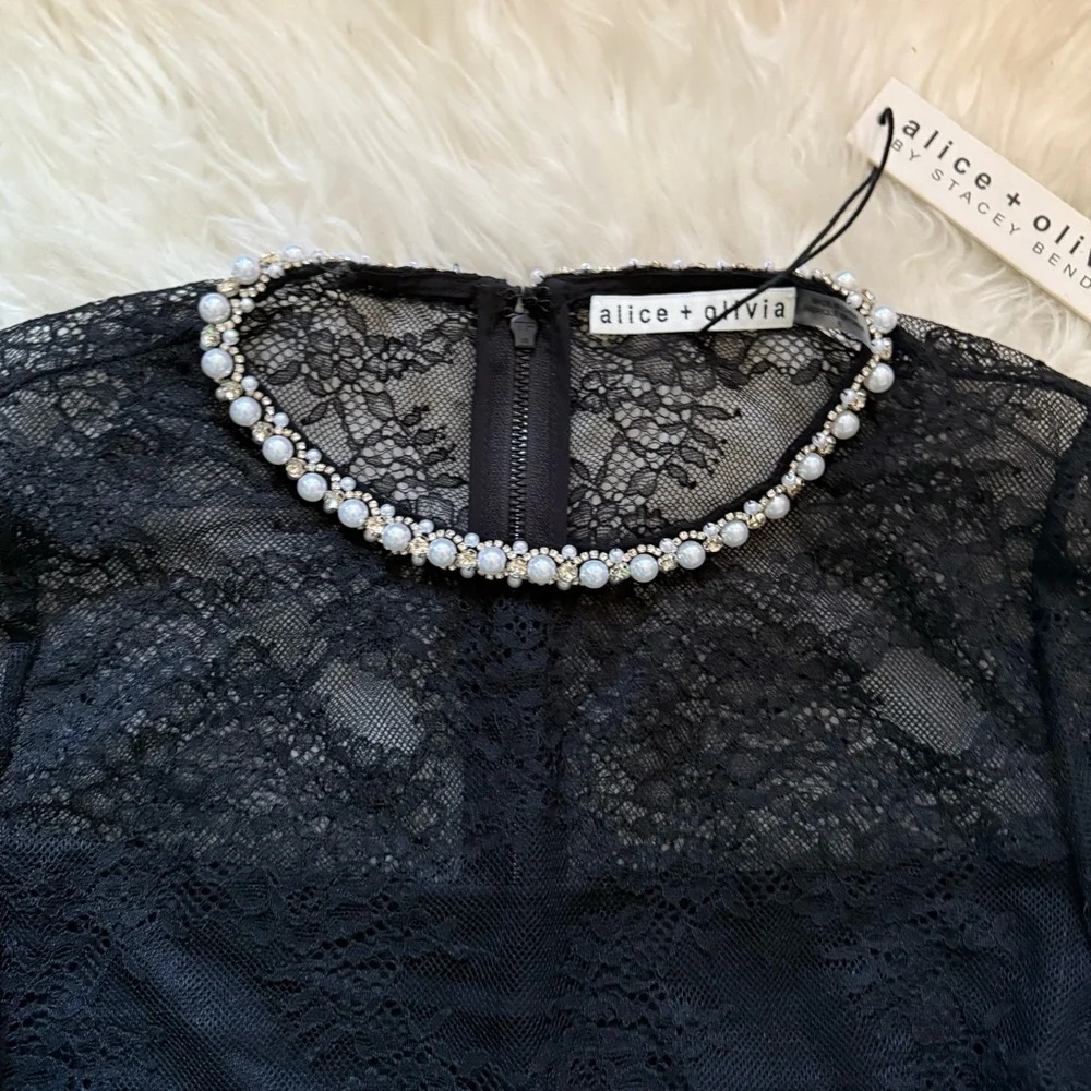 New! ALICE + OLIVIA “Delora” Embellished Neck Black Lace Mini Dress - Picture 8 of 11